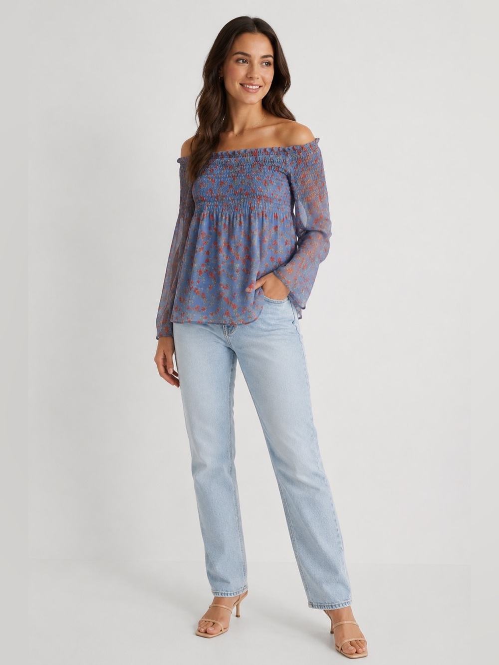 Intermix Blue Floral Silk Off Shoulder Blouse S